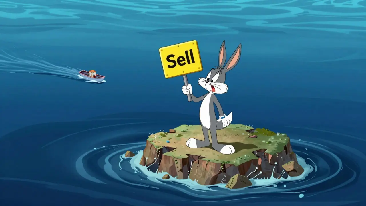 Frantic character on a small crumbling island in a digital ocean representing low liquidity.