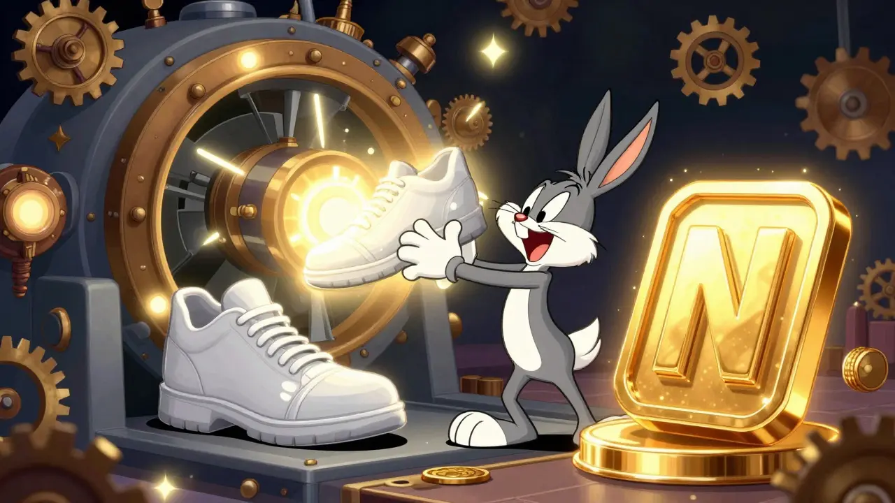 Funny character minting a digital shoe into an NFT using a whimsical machine