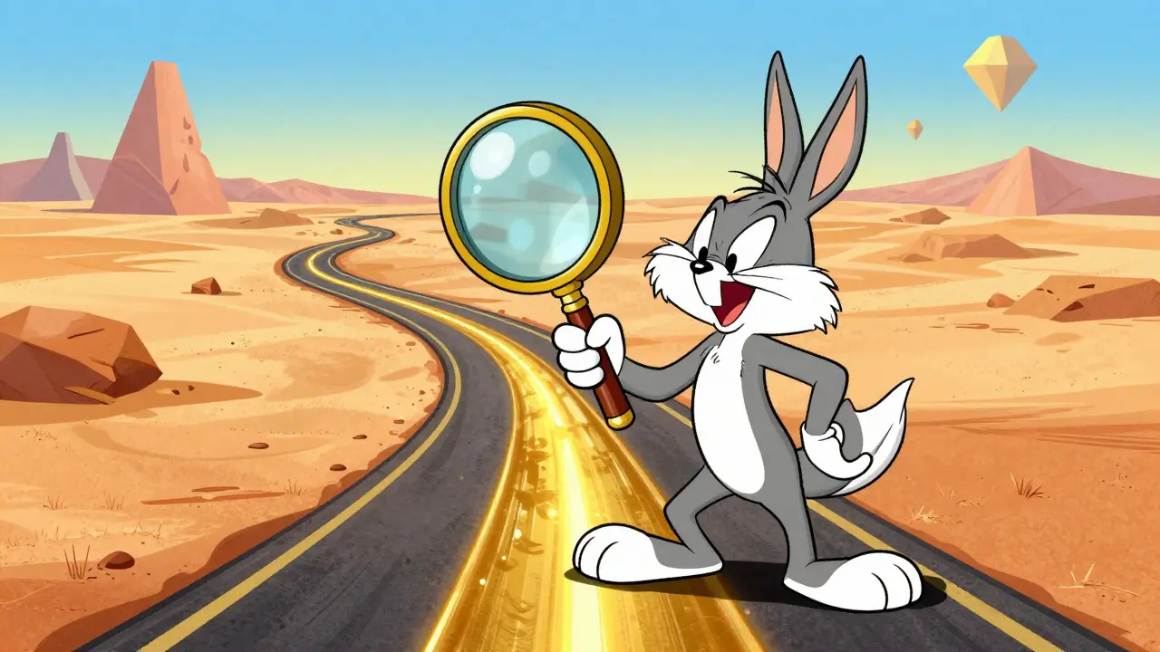 Funny character using a magnifying glass to focus on a narrow gold liquidity path.