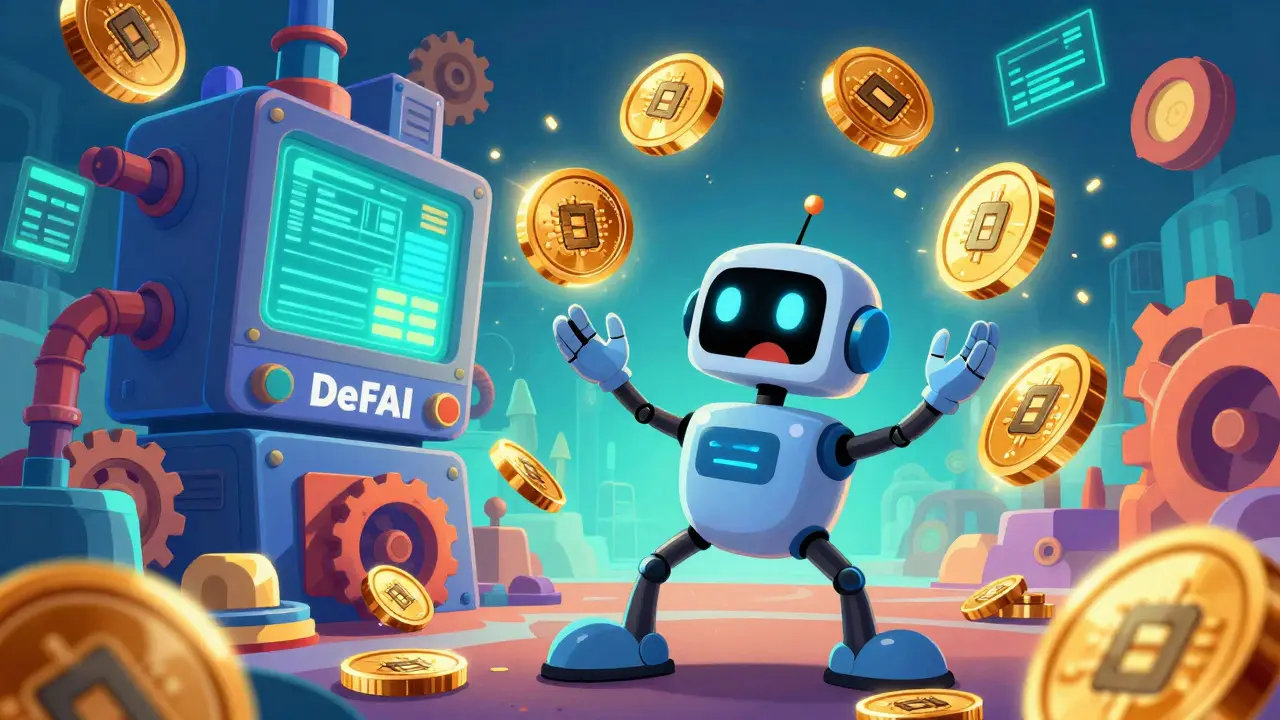 Funny robot juggling golden PALM tokens near a chaotic DeFAI machine.
