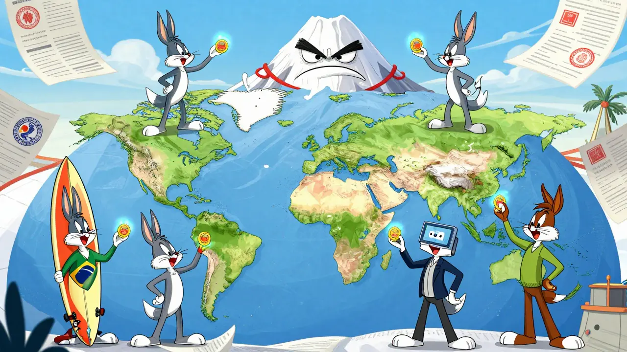 Global characters swapping digital tokens while ignoring a mountain of bureaucratic paperwork.