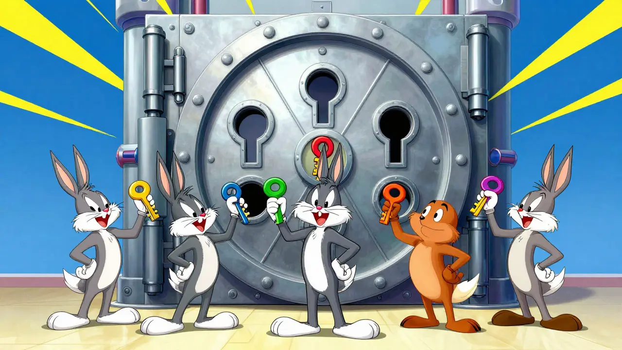 Group of funny characters using multiple keys to open a large high-tech vault