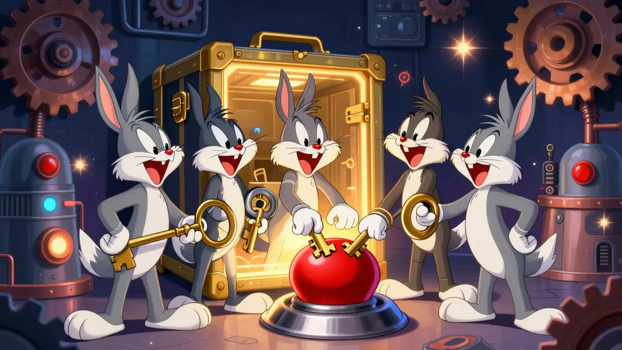 Group of funny characters using multiple large keys to open a glowing digital chest