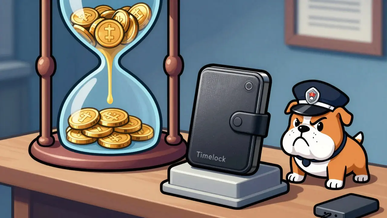 Hardware wallet on a pedestal guarded by a small bulldog with a timelock hourglass