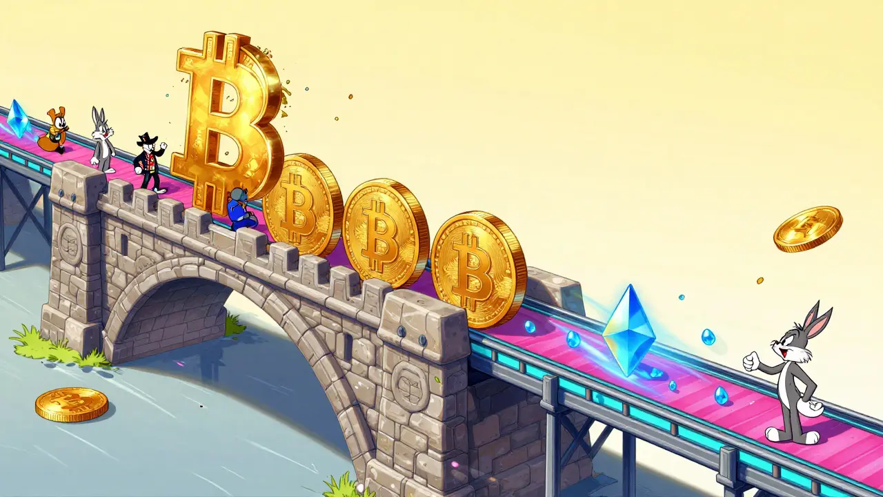 Illustration of a sturdy stone bridge versus a high-speed neon conveyor belt.