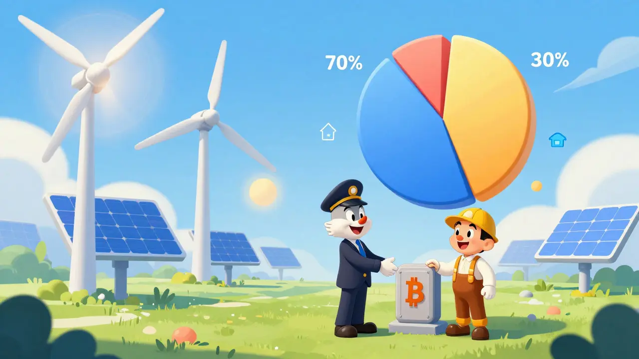 Illustration of wind turbines and solar panels providing power for mining and citizens.