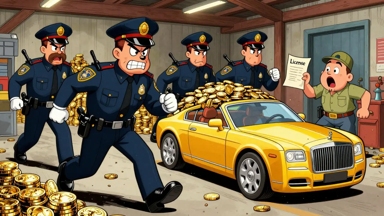 Looney Tunes style scene of police raiding a crypto warehouse and seizing a luxury car.