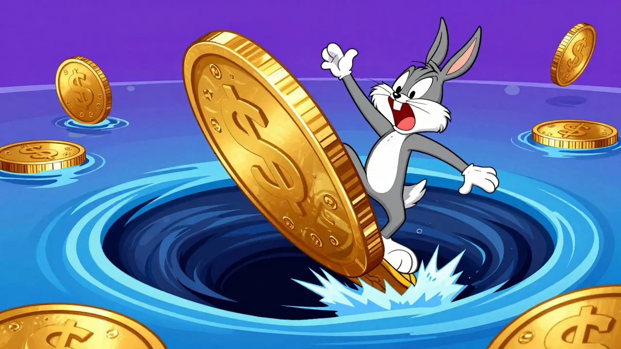 Panicked cartoon character sliding down a giant falling gold coin into a whirlpool