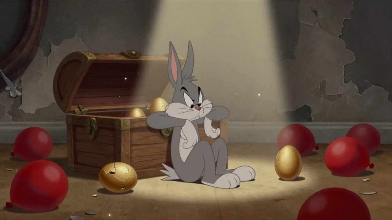 Sad cartoon character beside empty chest surrounded by cracked gold eggs.