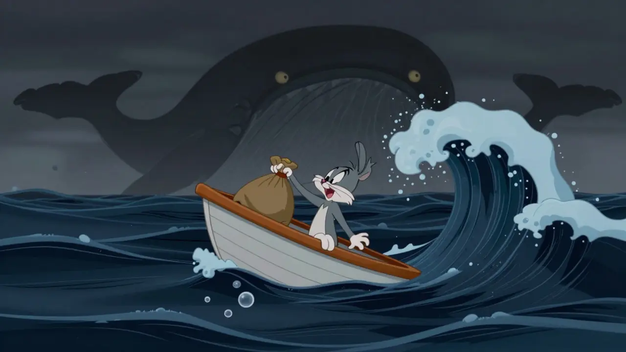 Tiny boat sinking in dark sea beneath giant shadowy whales.