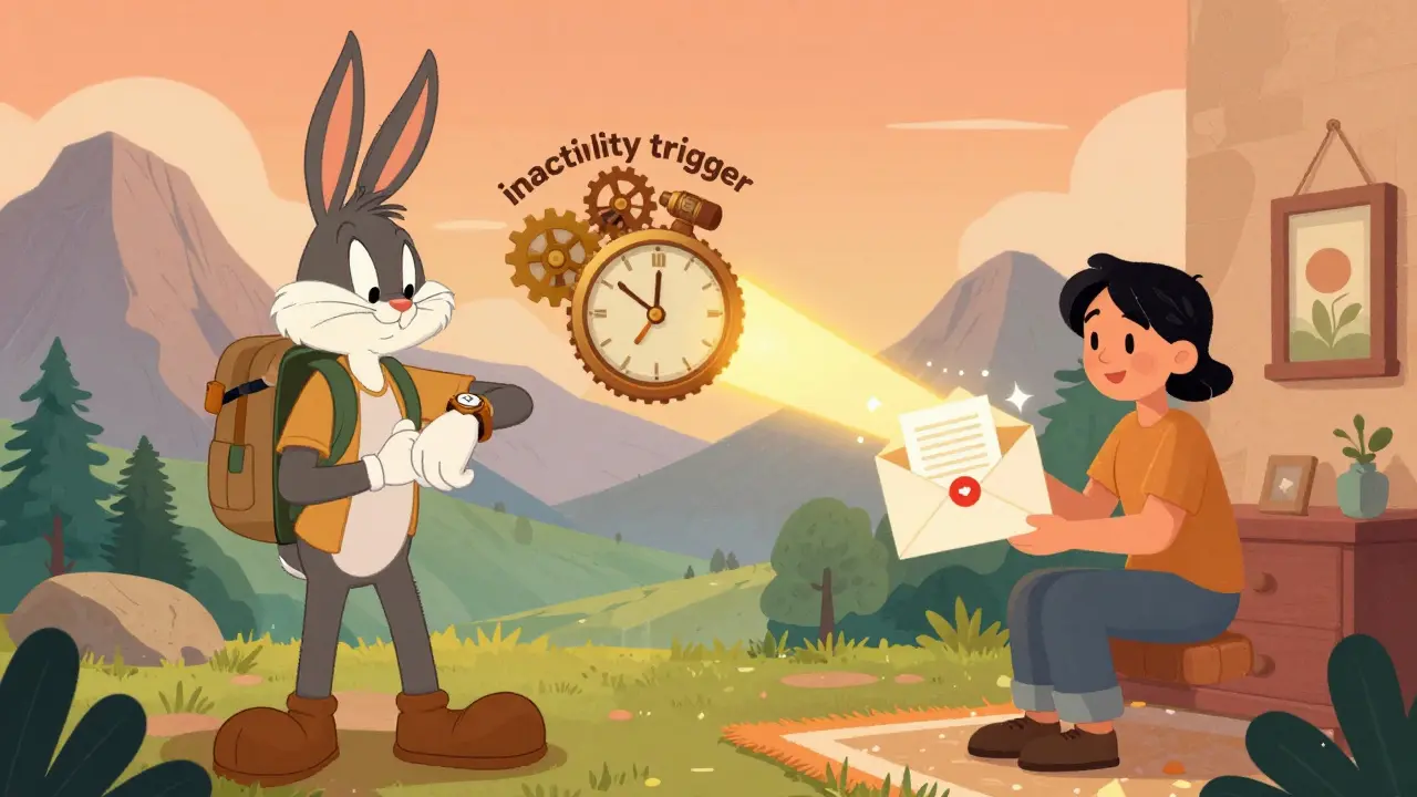 Traveler hiking while partner receives secure documents via automated trigger system.