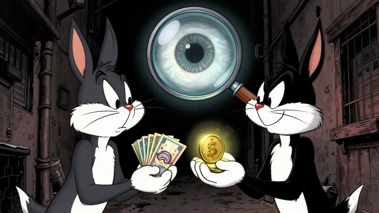 Two cartoon characters secretly trading cash for digital currency in a dark alley.