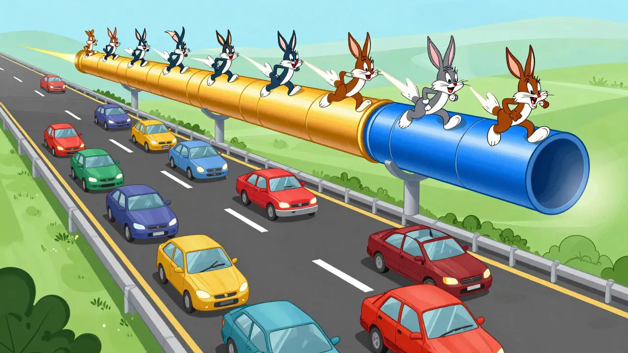 Whimsical express lanes and tubes zooming over a slow main highway.