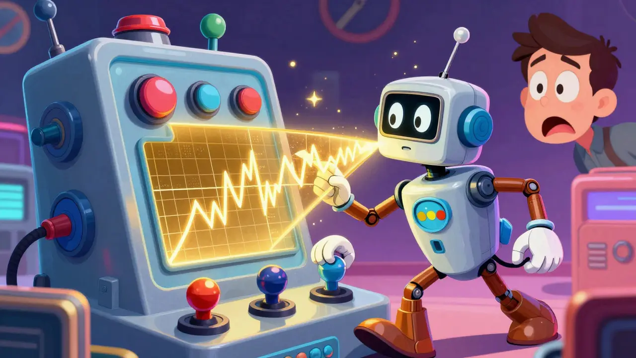 Whimsical robot automatically adjusting liquidity ranges on a colorful chart using AI