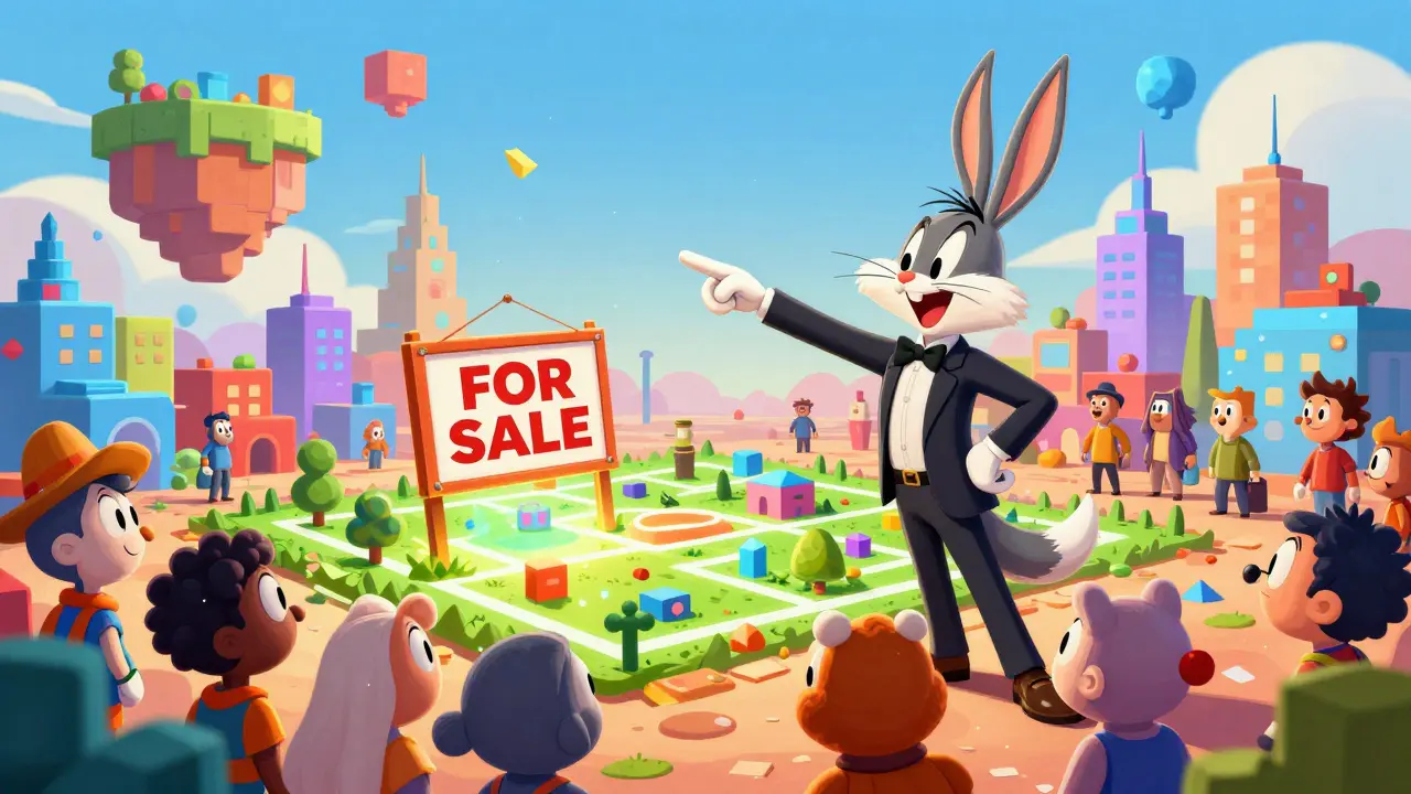 Zany salesman showing a plot of virtual land in a colorful voxel city