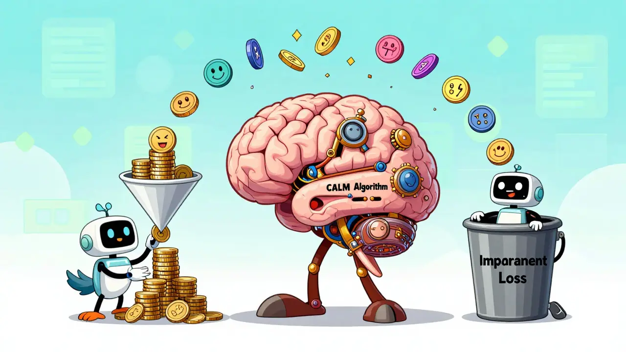 Animated CALM algorithm brain sorting tokens to prevent impermanent loss