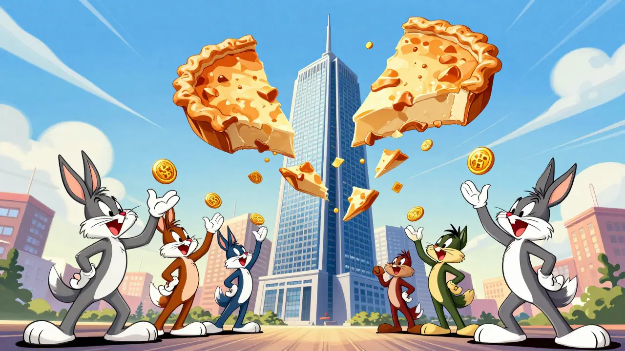 Animated characters sharing fractional pieces of a building