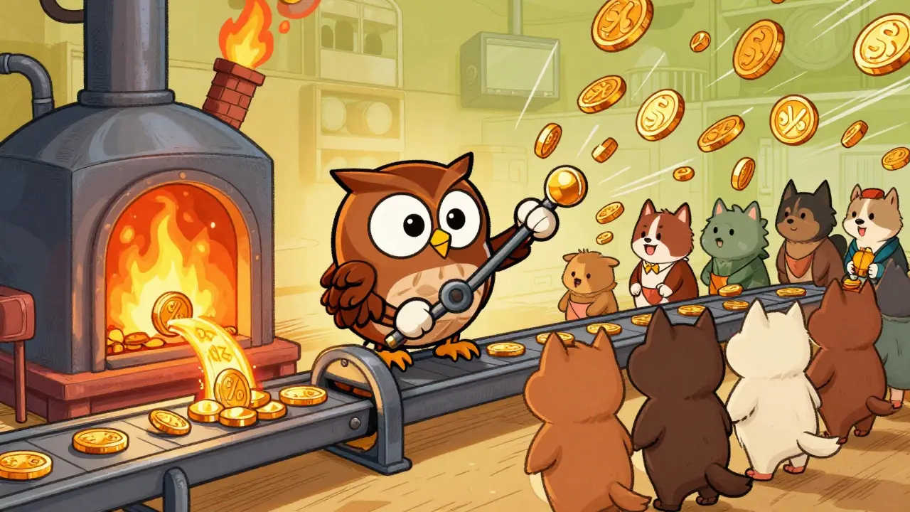 Animated owl distributing staking rewards from a token processing factory