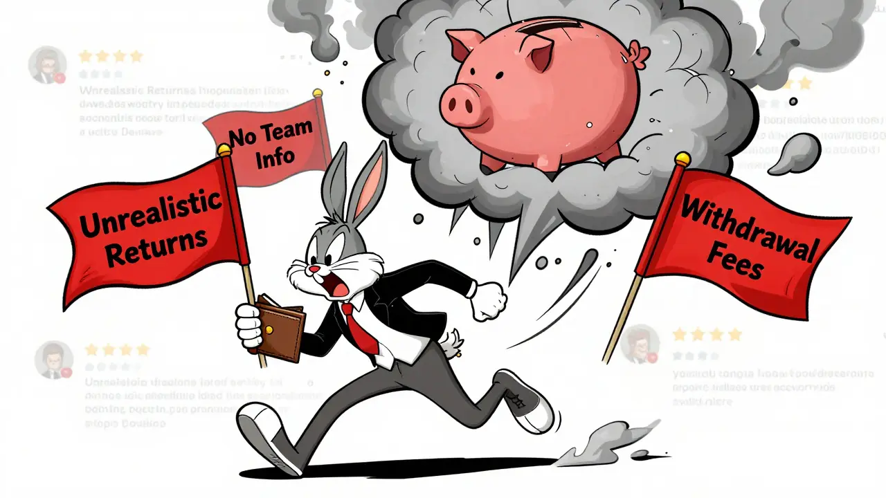 Animated trader running from red flags and a broken piggy bank cloud.