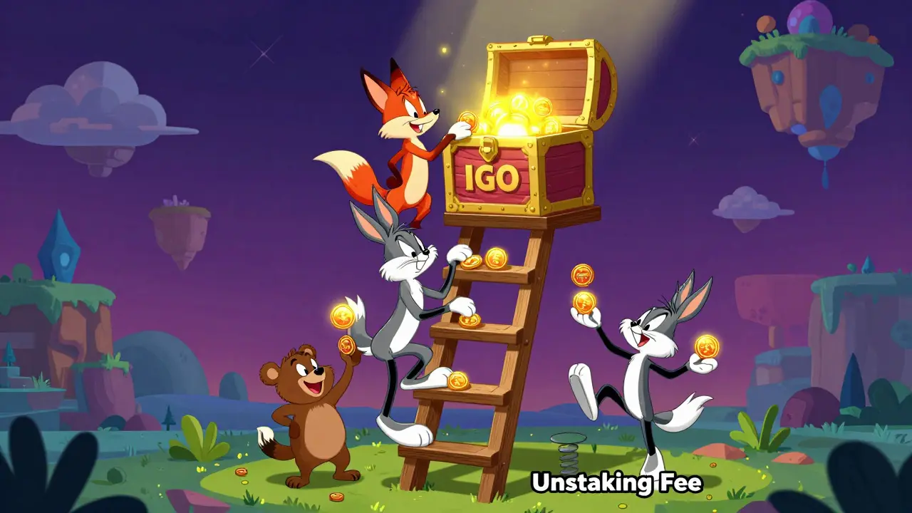 Cartoon animals climbing a tiered ladder to reach crypto game treasures