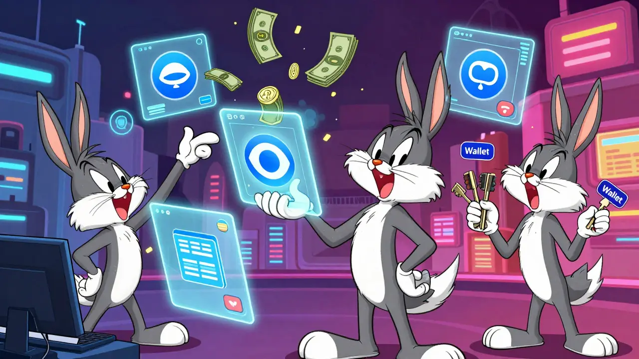 Cartoon animals trading tips and tokens in a busy digital marketplace.