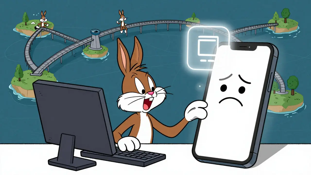 Cartoon character disappointed by lack of mobile app while using desktop trading.