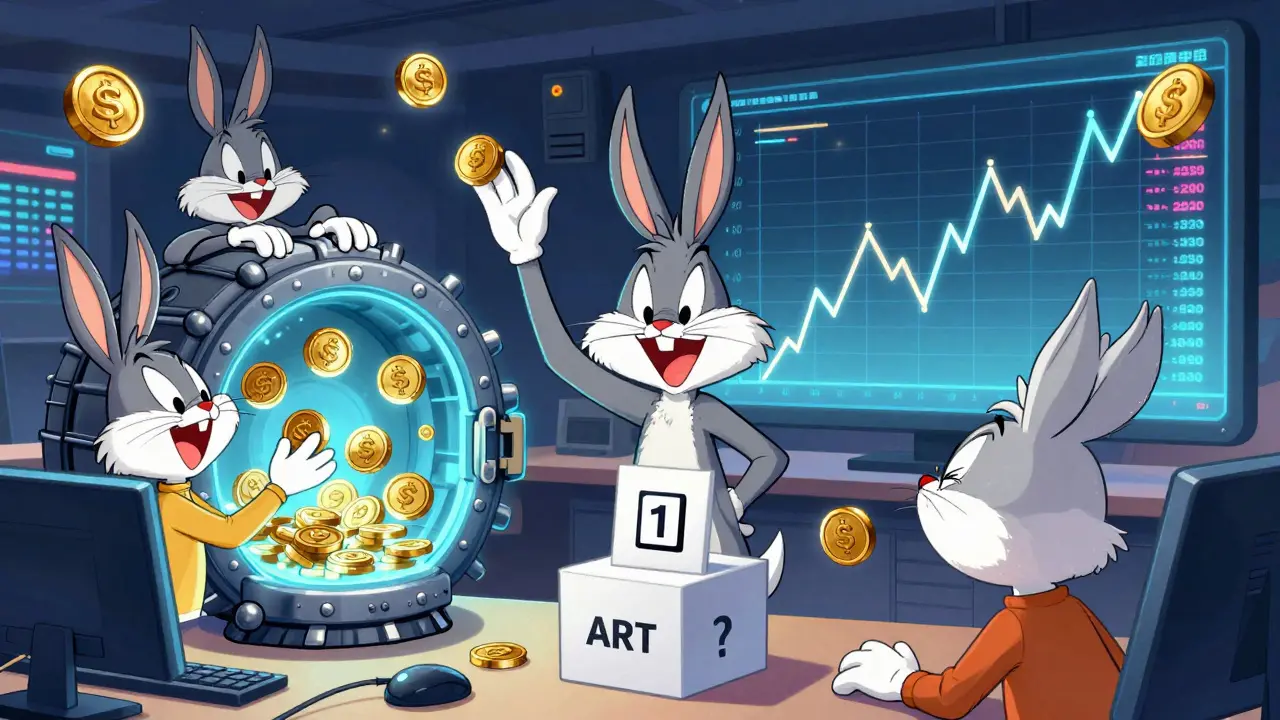Cartoon characters engaging with staking and trading in a vibrant scene.