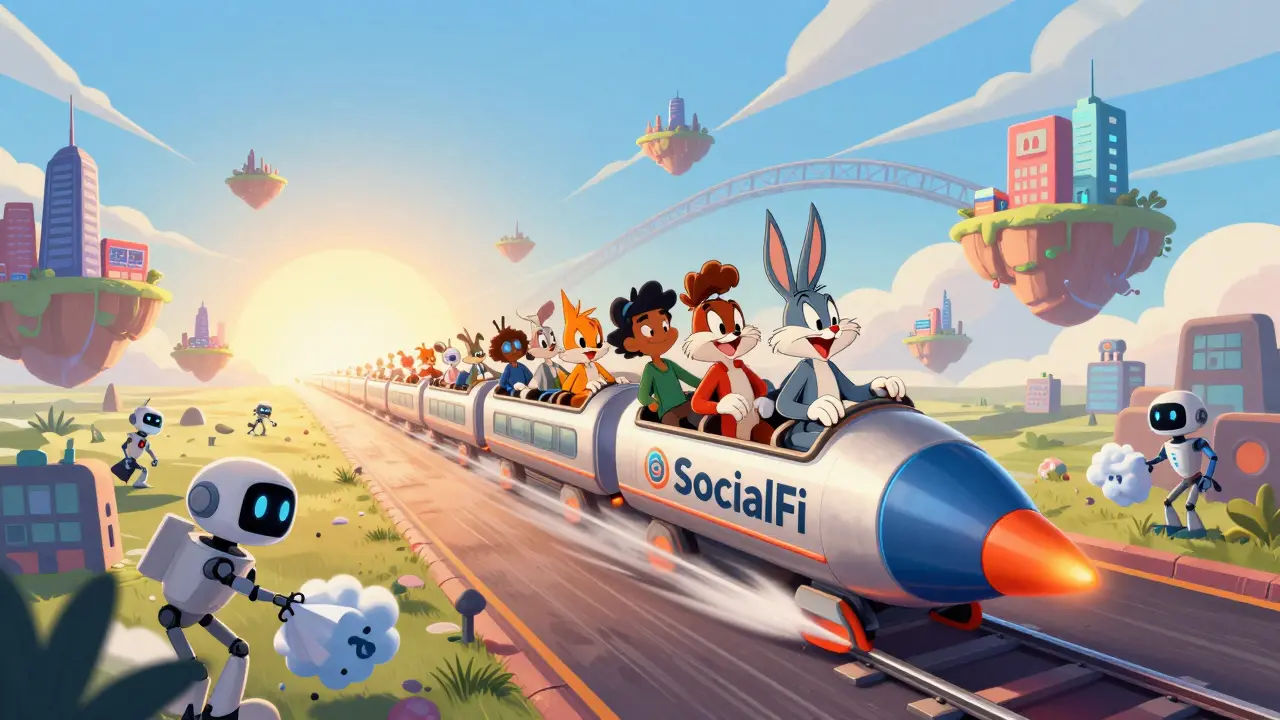 Cartoon characters riding a blockchain train toward a bright future horizon.