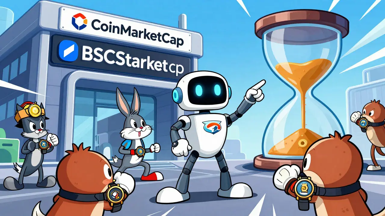 Cartoon characters rushing against a timer for crypto launch