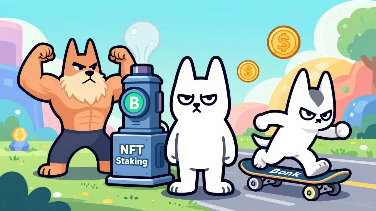 Cartoon comparison of meme coin dogs: DOE staking vs FLOKI and Bonk