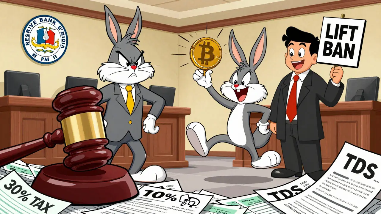 Cartoon court scene showing RBI ban lifted and taxes imposed
