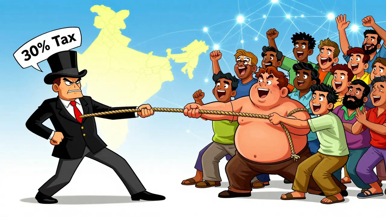 Cartoon crowd outpulling tax regulators in a tug-of-war
