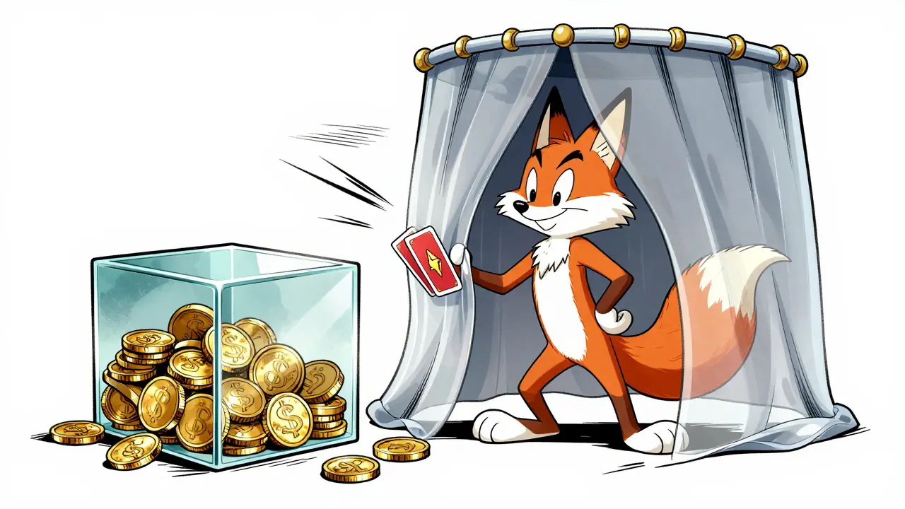 Cartoon fox hiding coins behind curtain illustrating private staking concept