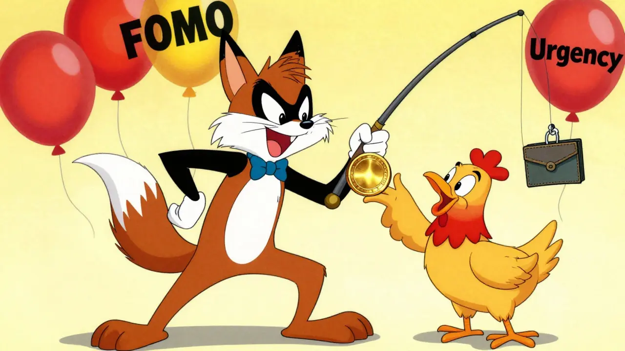 Cartoon fox scammer luring a chicken with a fake token reward.