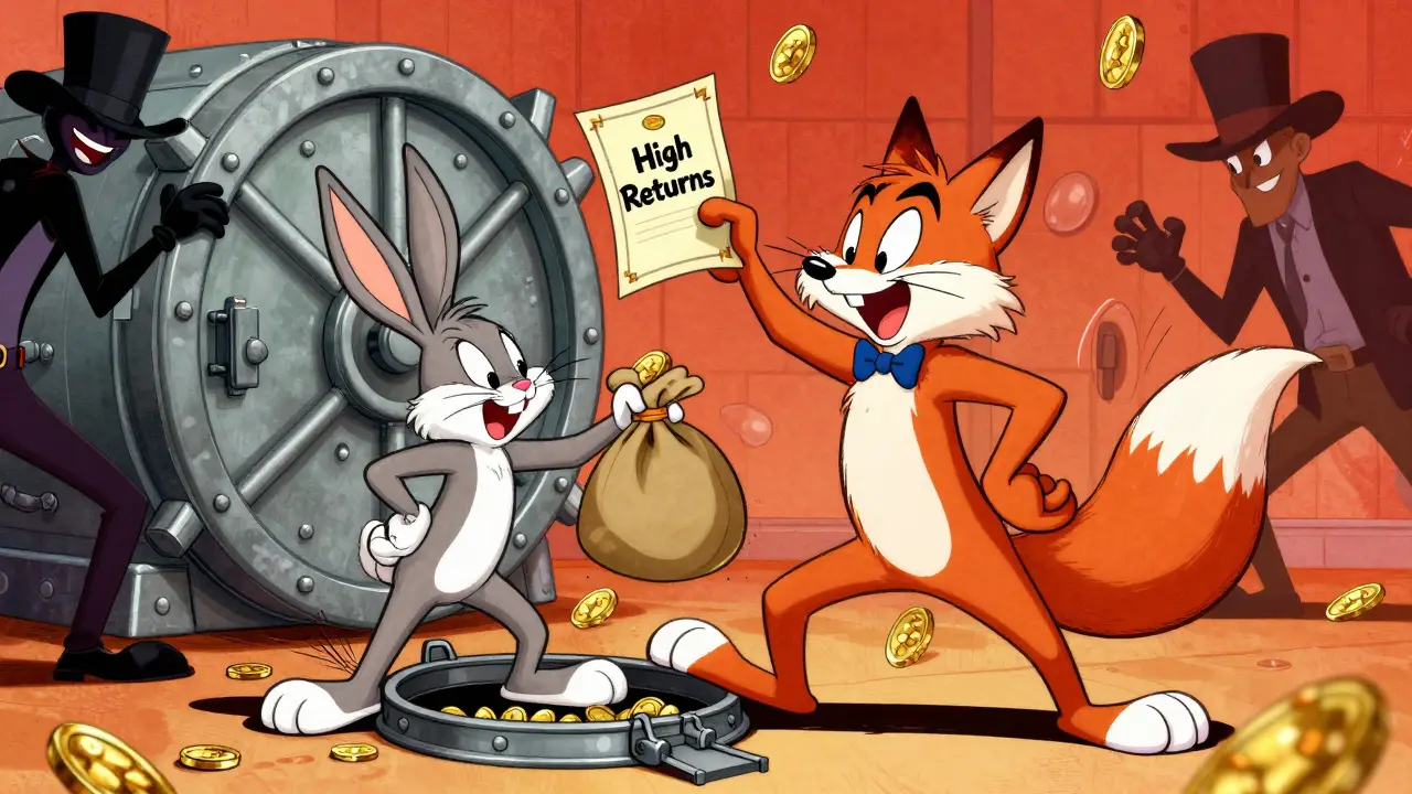Cartoon fox tricking a rabbit out of money, illustrating crypto scam tactics.