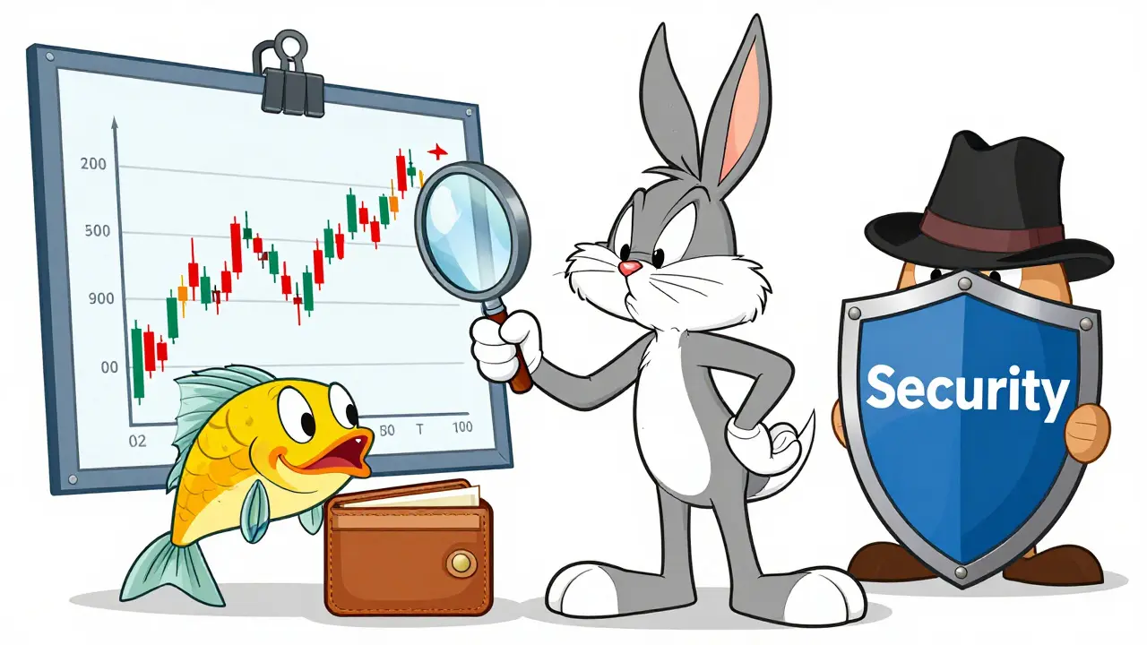 Cartoon scene illustrating crypto security risks and volatility