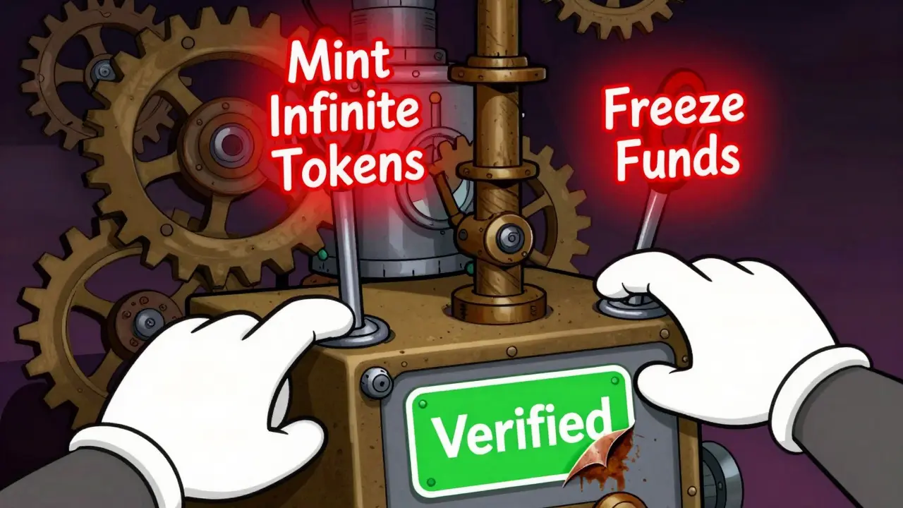 Cartoon smart contract machine with hidden malicious levers for minting and freezing funds