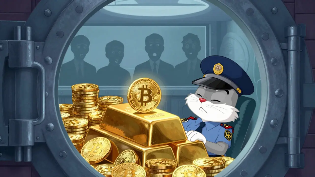 Cartoon vault filled with Bitcoin guarded by a sleepy guard