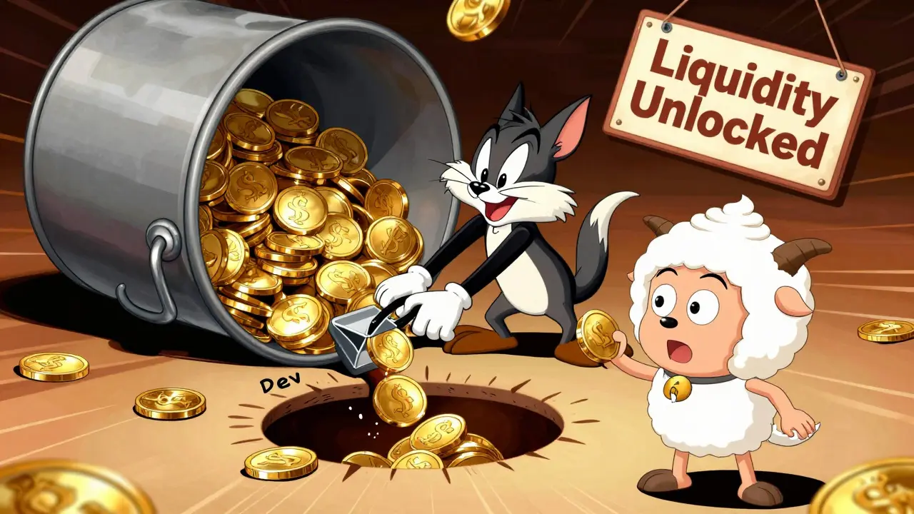 Cartoon weasel draining a liquidity pool bucket while an unsuspecting investor watches