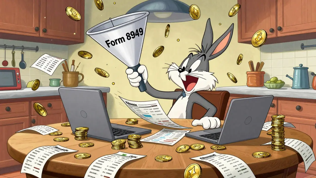Chaotic cartoon scene of sorting crypto coins for taxes