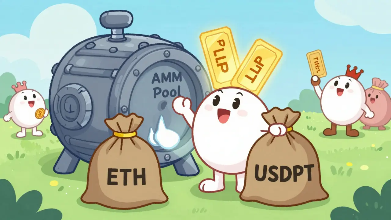 Character deposits crypto assets into a pool and receives LP tokens in a bright, simple scene.