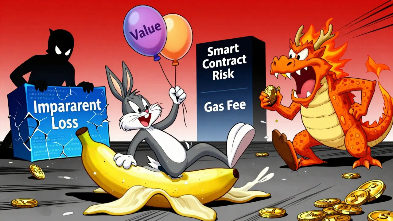 Comedic depiction of DeFi risks including impermanent loss, smart contract bugs, and gas fees.
