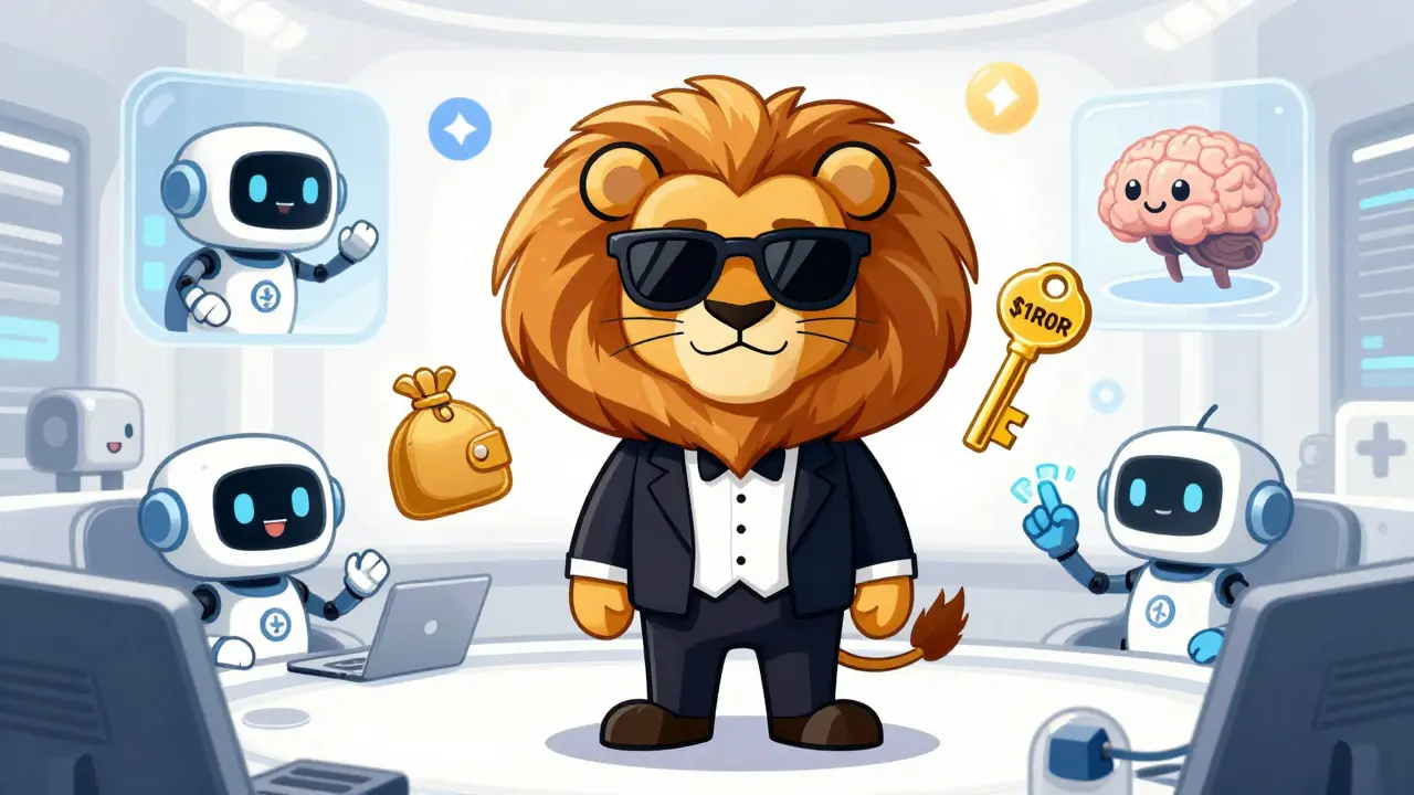 Cool lion mascot holding a golden key in a high-tech DeFi command center