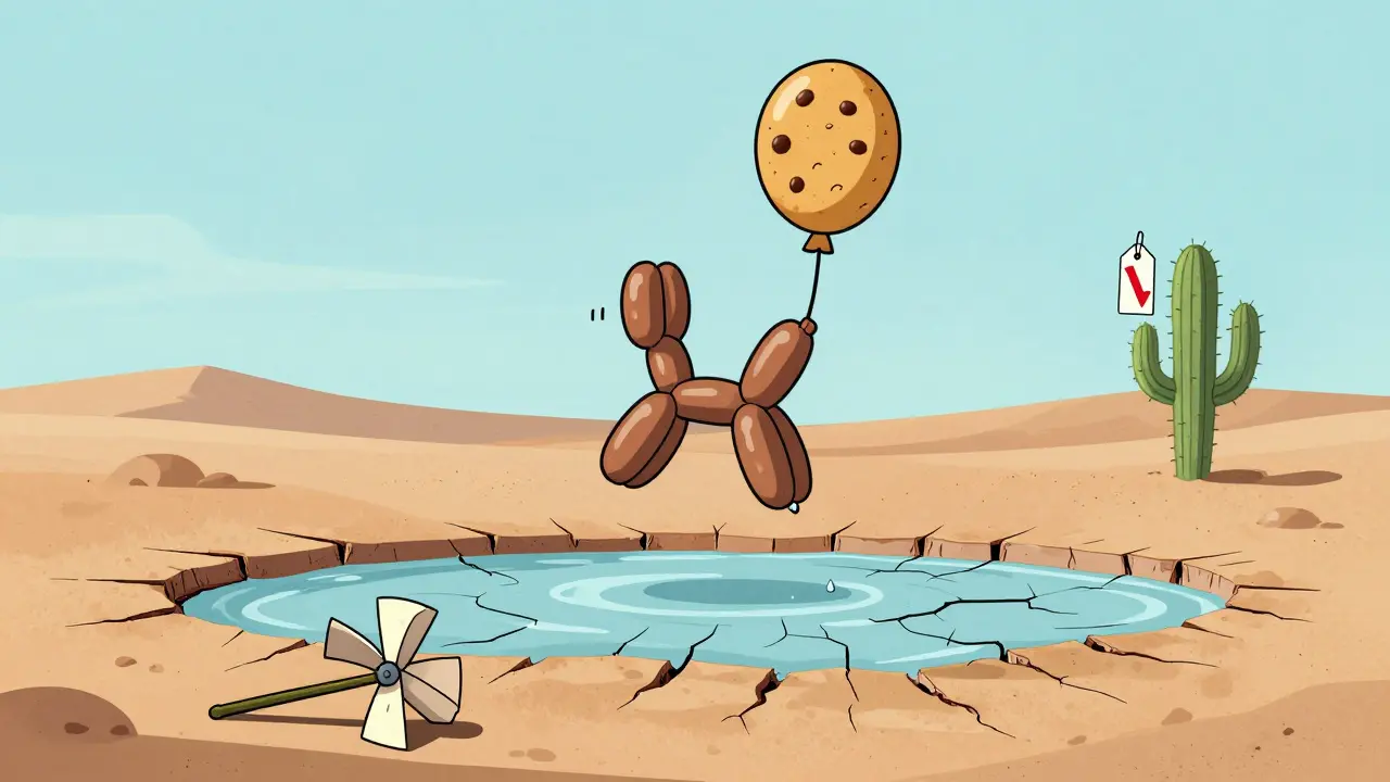 Deflated cookie balloon over a dry pool symbolizing low crypto liquidity