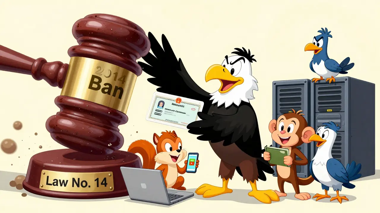 Eagle character issuing licenses to animals under new Jordan crypto law.