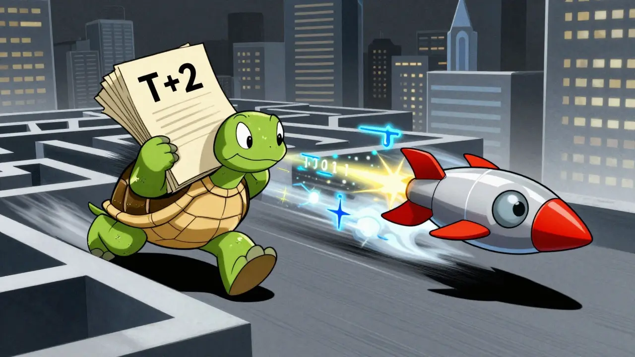 Fast digital token racing past slow paper-based settlement
