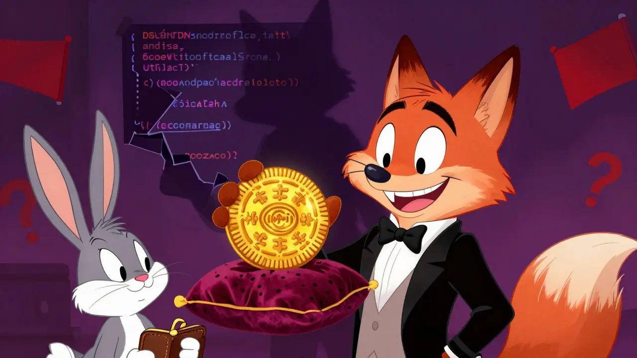 Fox offering a risky OREO token with ominous shadows in background