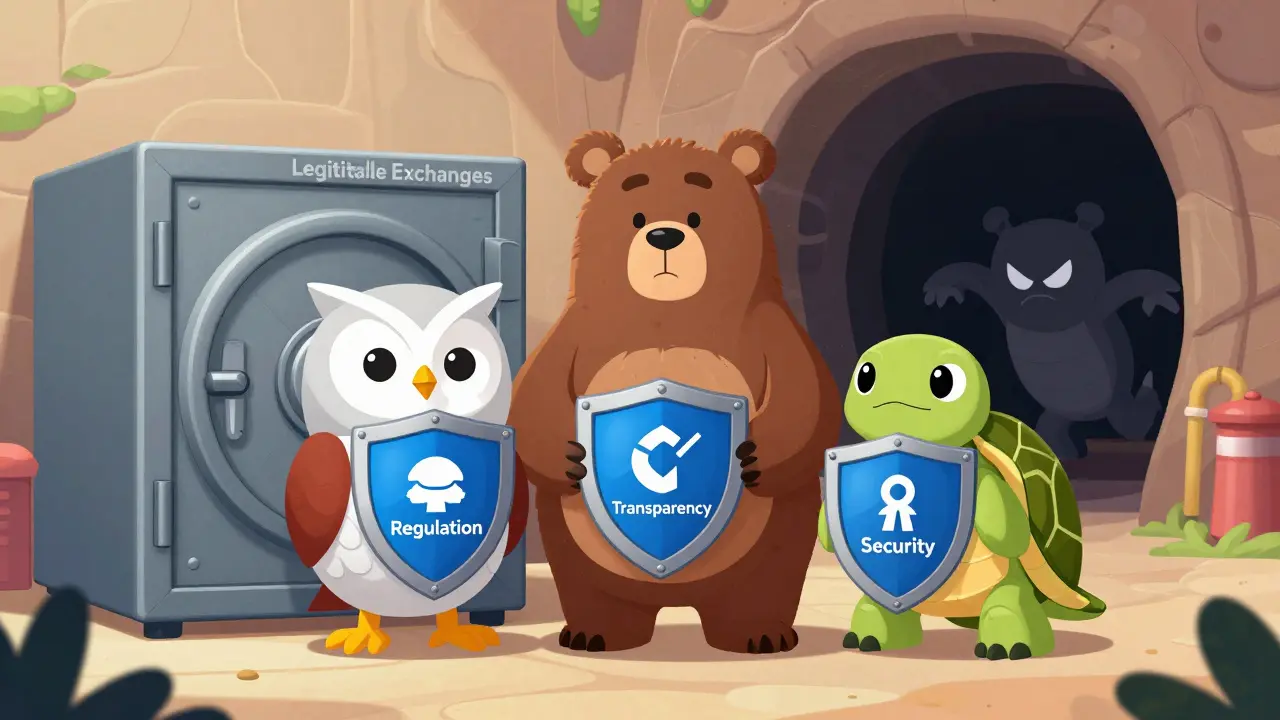 Friendly animal characters guarding a secure vault against a fleeing scammer.