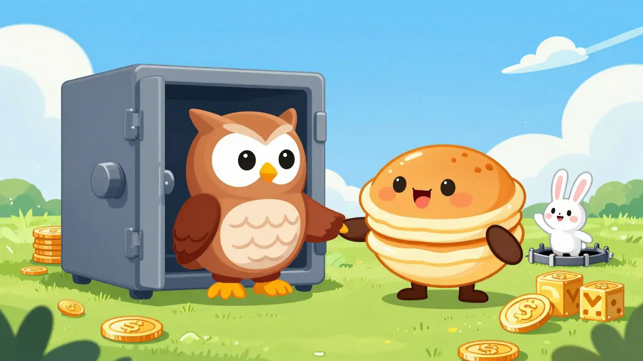 Friendly cartoon animals representing safe DeFi alternatives Uniswap and PancakeSwap