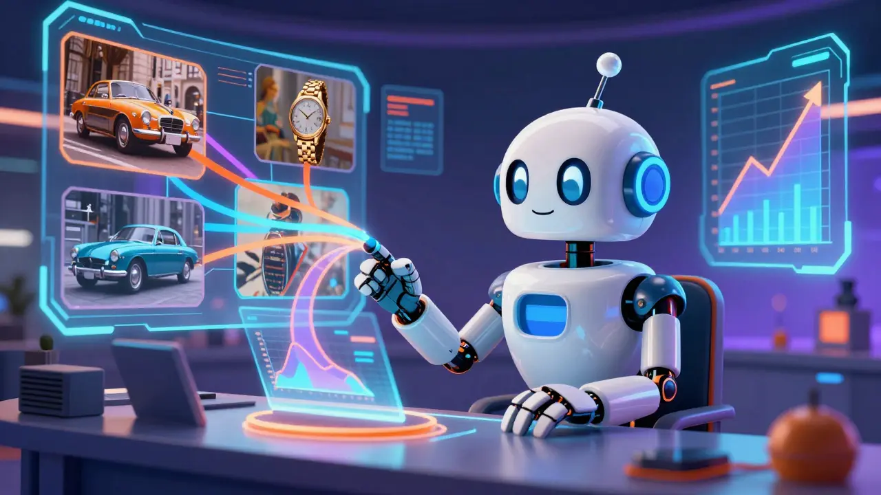Friendly robot analyzing art market data with colorful digital streams.